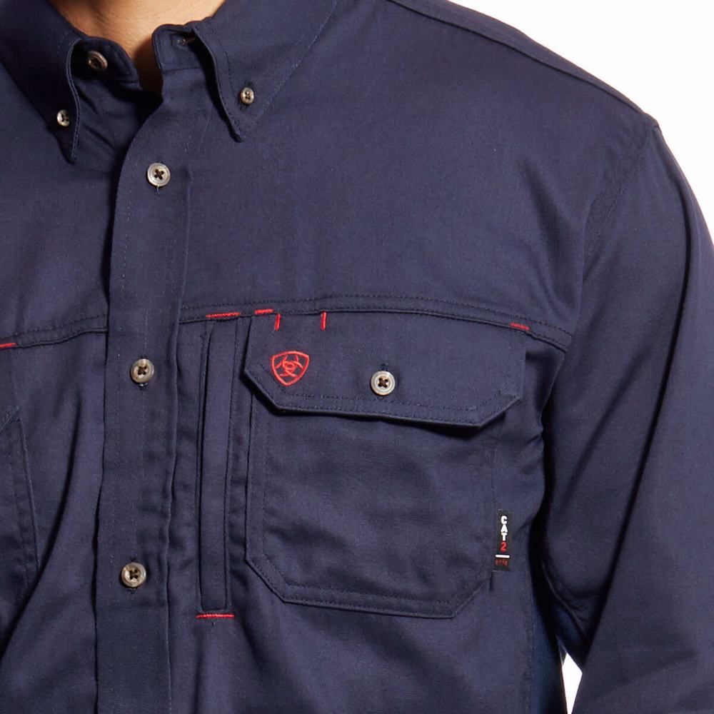 Navy Ariat FR Solid Vent Men's Shirts | OPXK92183