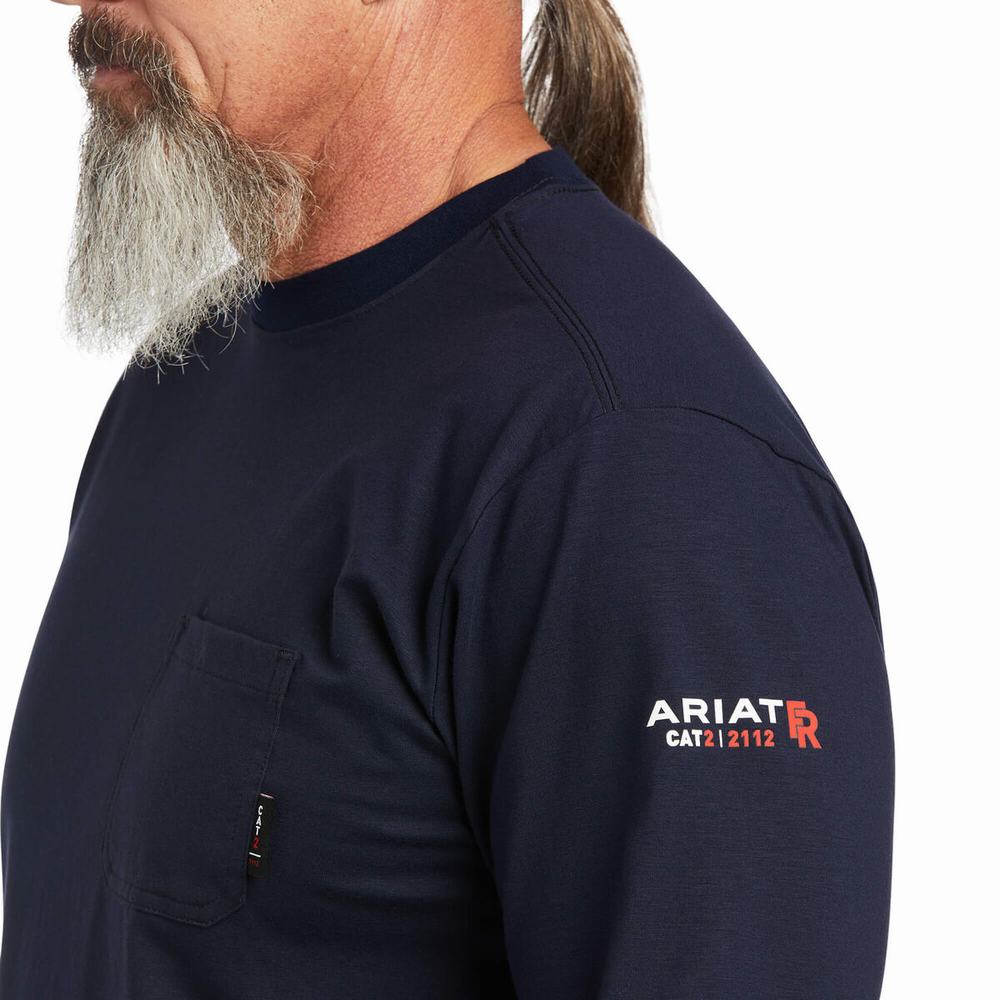 Navy Ariat FR Stretch Logo Men's Shirts | IWUX16092