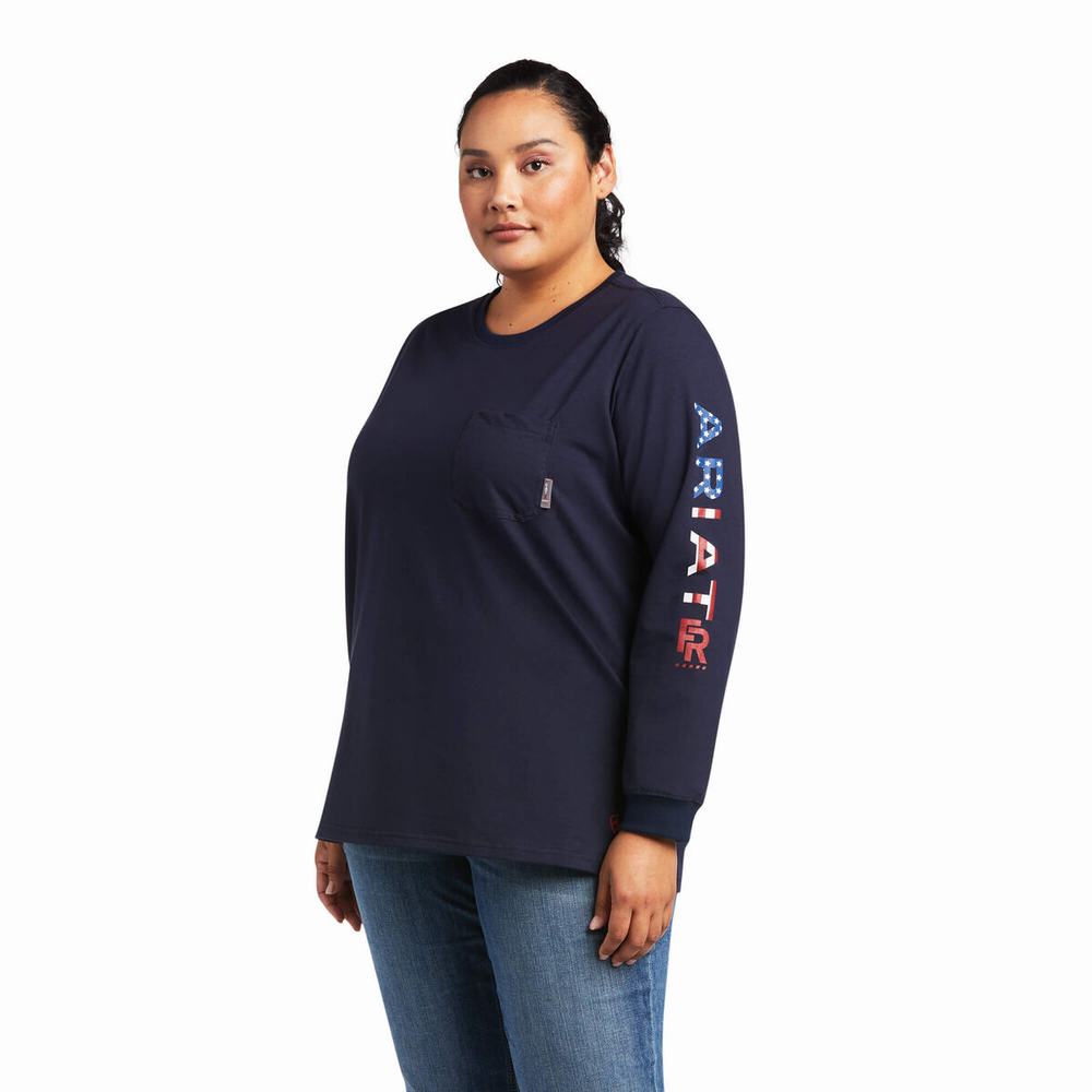 Navy Ariat FR Stretch Logo Women's Shirts | ZUSC49308