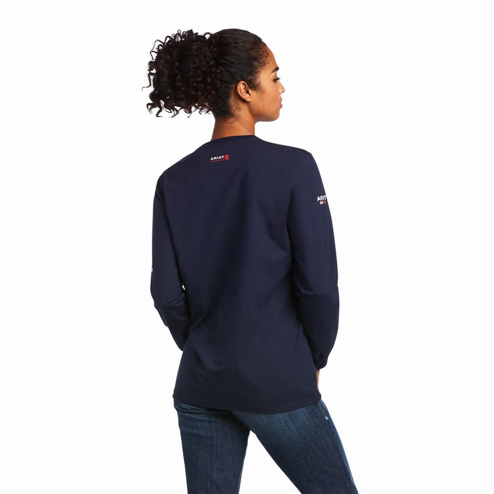 Navy Ariat FR Stretch Logo Women's Shirts | ZUSC49308