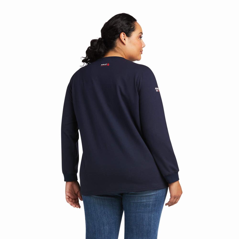 Navy Ariat FR Stretch Logo Women's Shirts | ZUSC49308