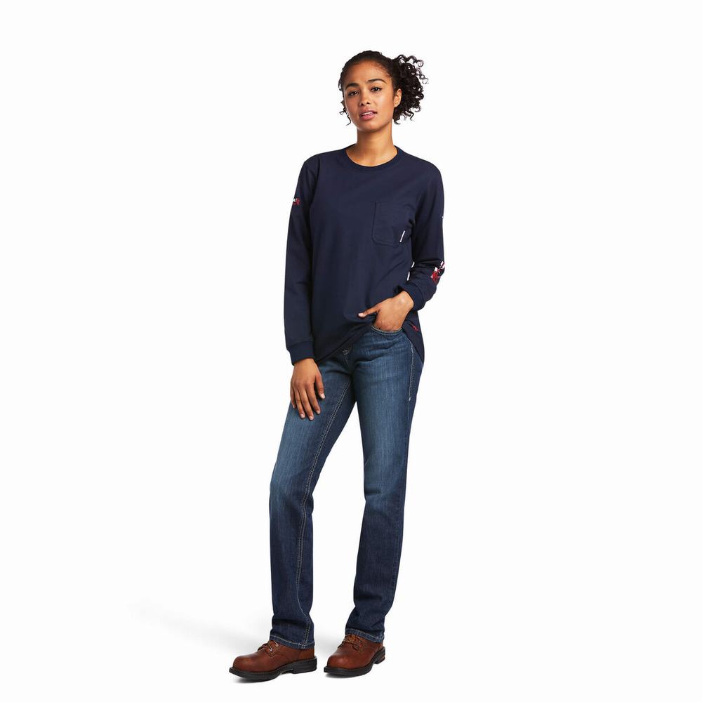 Navy Ariat FR Stretch Logo Women's Shirts | ZUSC49308