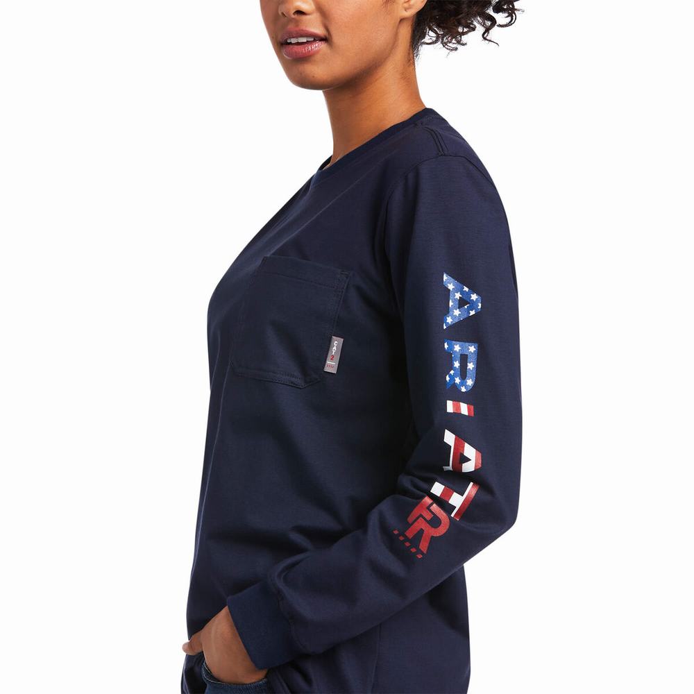 Navy Ariat FR Stretch Logo Women's Shirts | ZUSC49308