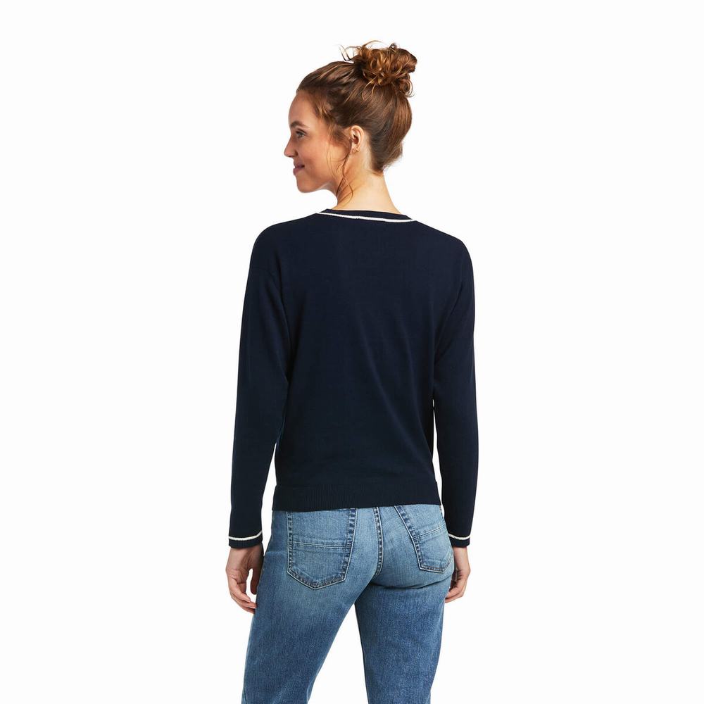 Navy Ariat Floret Women's Sweaters | DOJZ74835