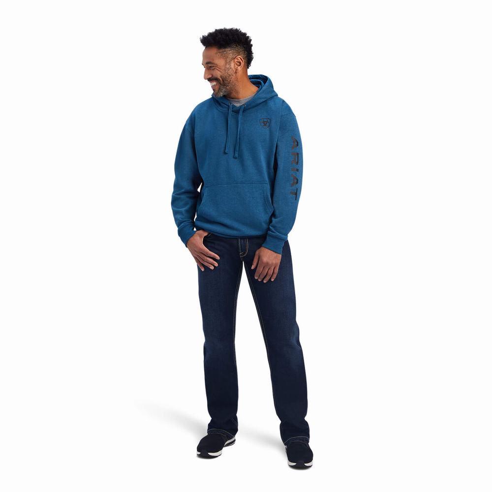 Navy Ariat Logo Men's Hoodies | INBO54219