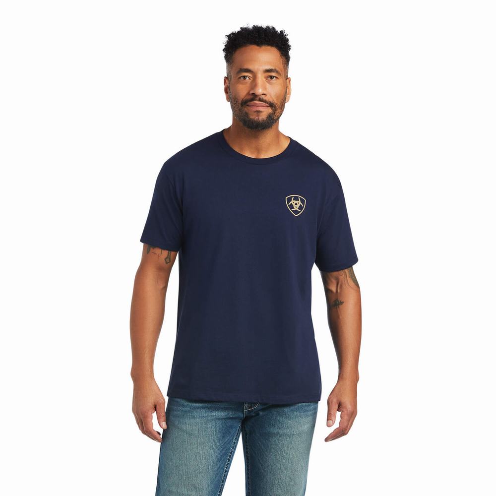 Navy Ariat Monument Sunset Men's Polo Shirts | XYJI01649