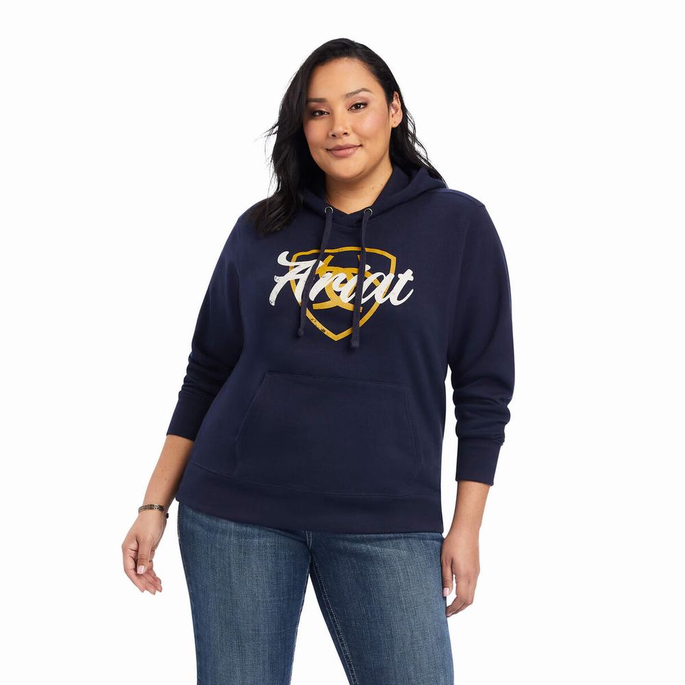 Navy Ariat REAL Shield Logo Women's Hoodies | VYPJ41620