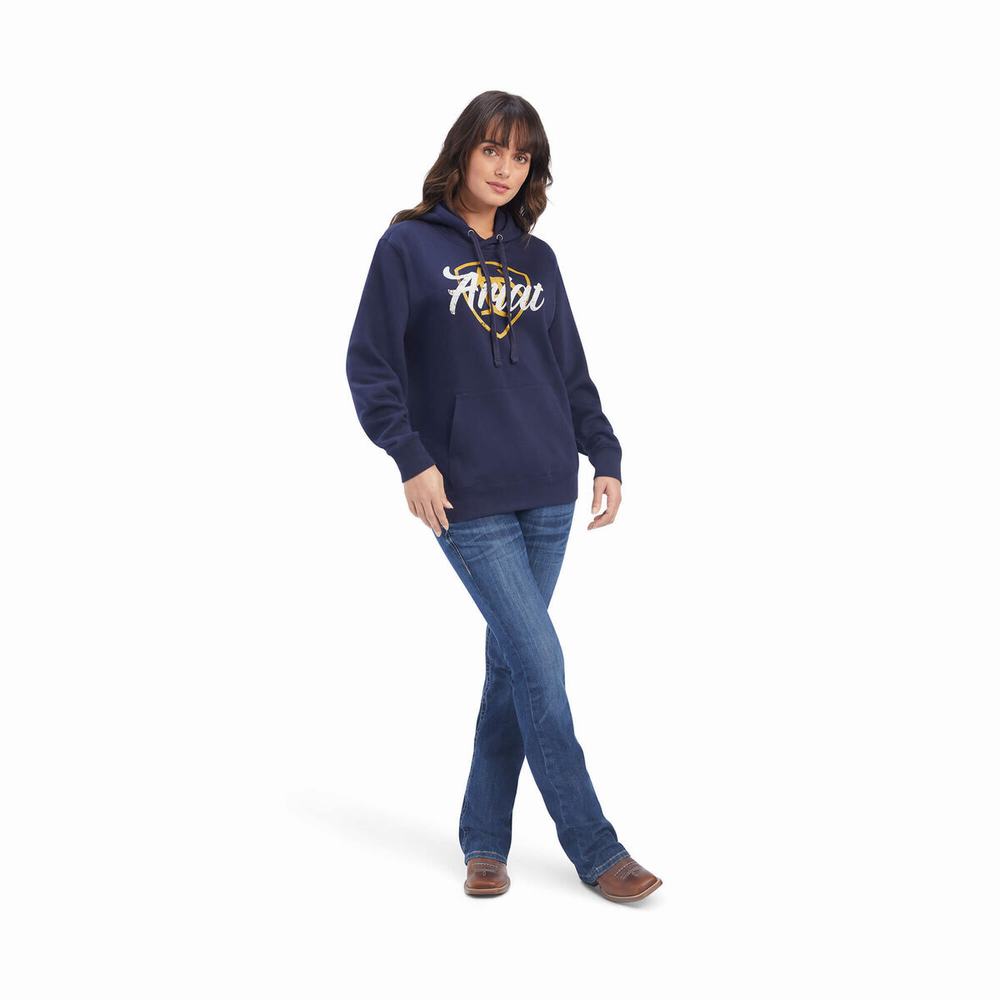 Navy Ariat REAL Shield Logo Women's Hoodies | VYPJ41620