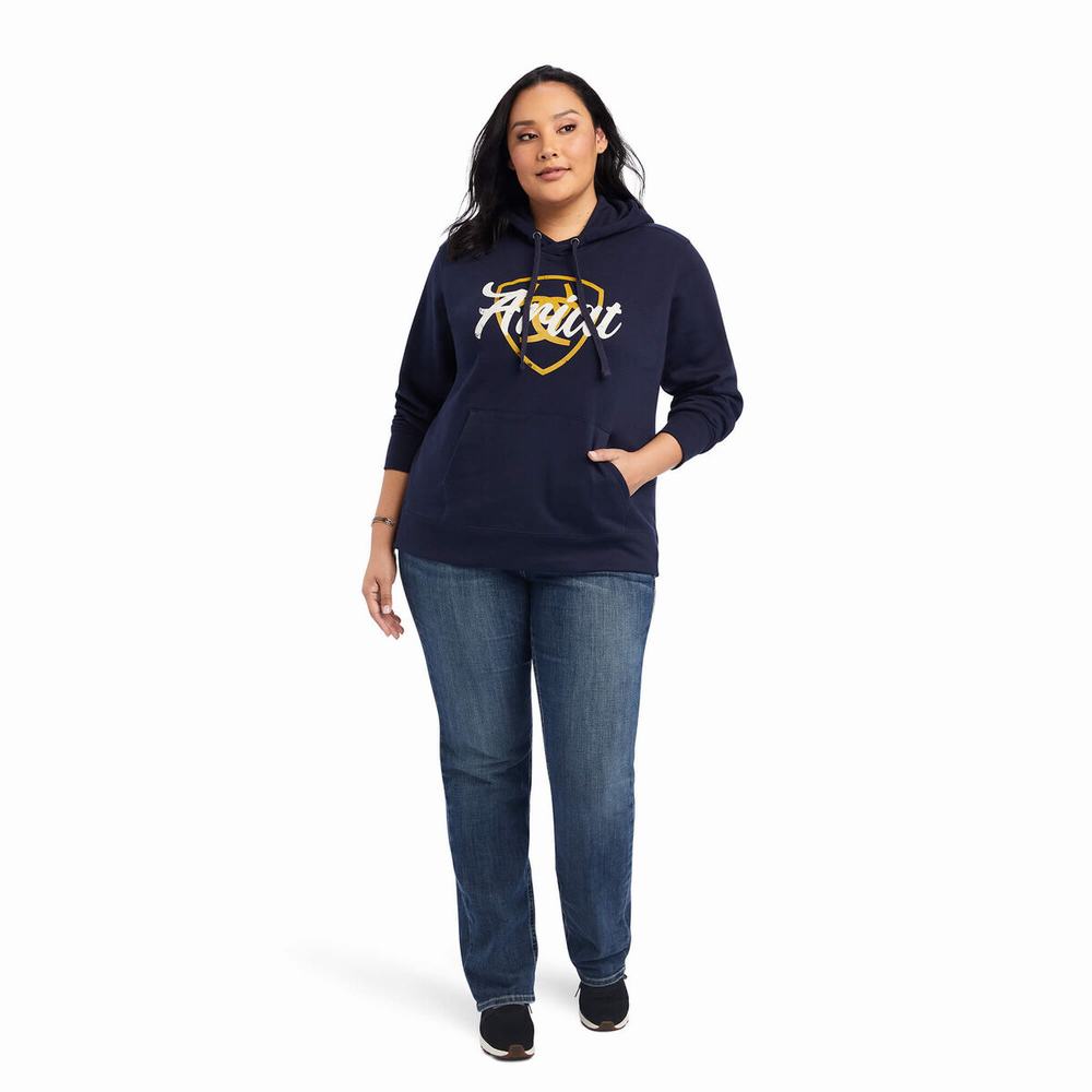 Navy Ariat REAL Shield Logo Women's Hoodies | VYPJ41620