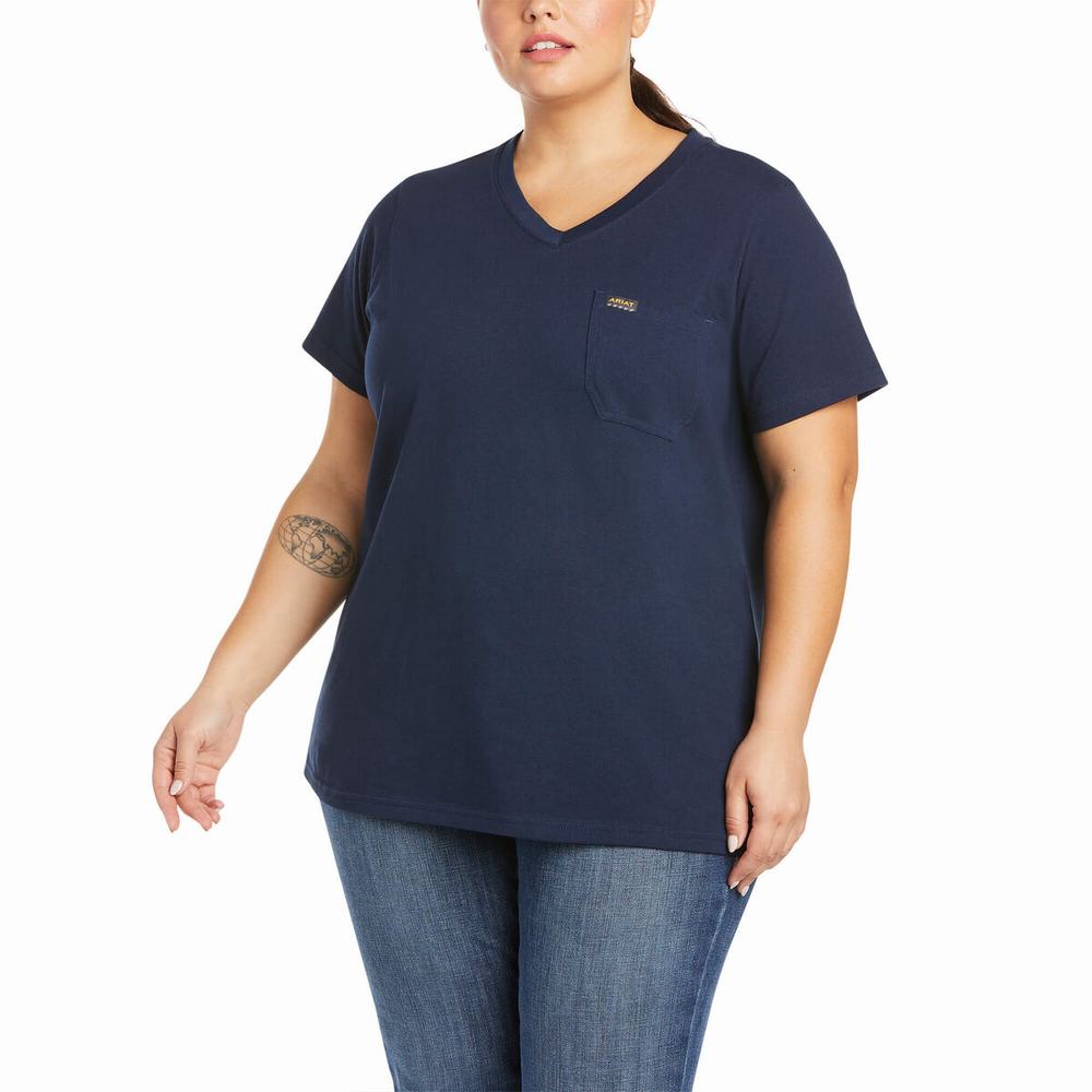 Navy Ariat Rebar Cotton Strong V-Neck Women's Short Sleeve | BXOG46037