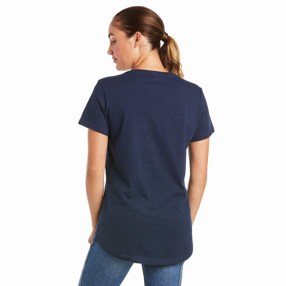 Navy Ariat Rebar Cotton Strong V-Neck Women's Short Sleeve | BXOG46037