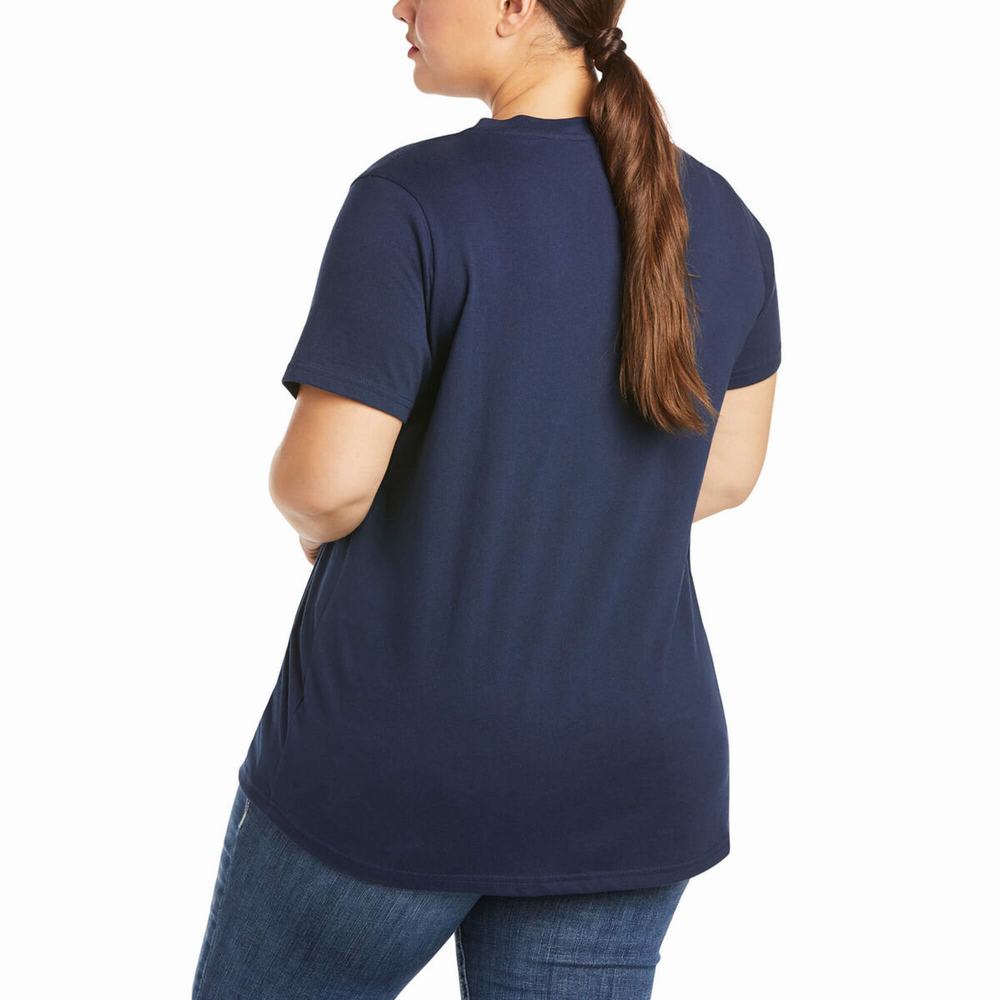 Navy Ariat Rebar Cotton Strong V-Neck Women's Short Sleeve | BXOG46037