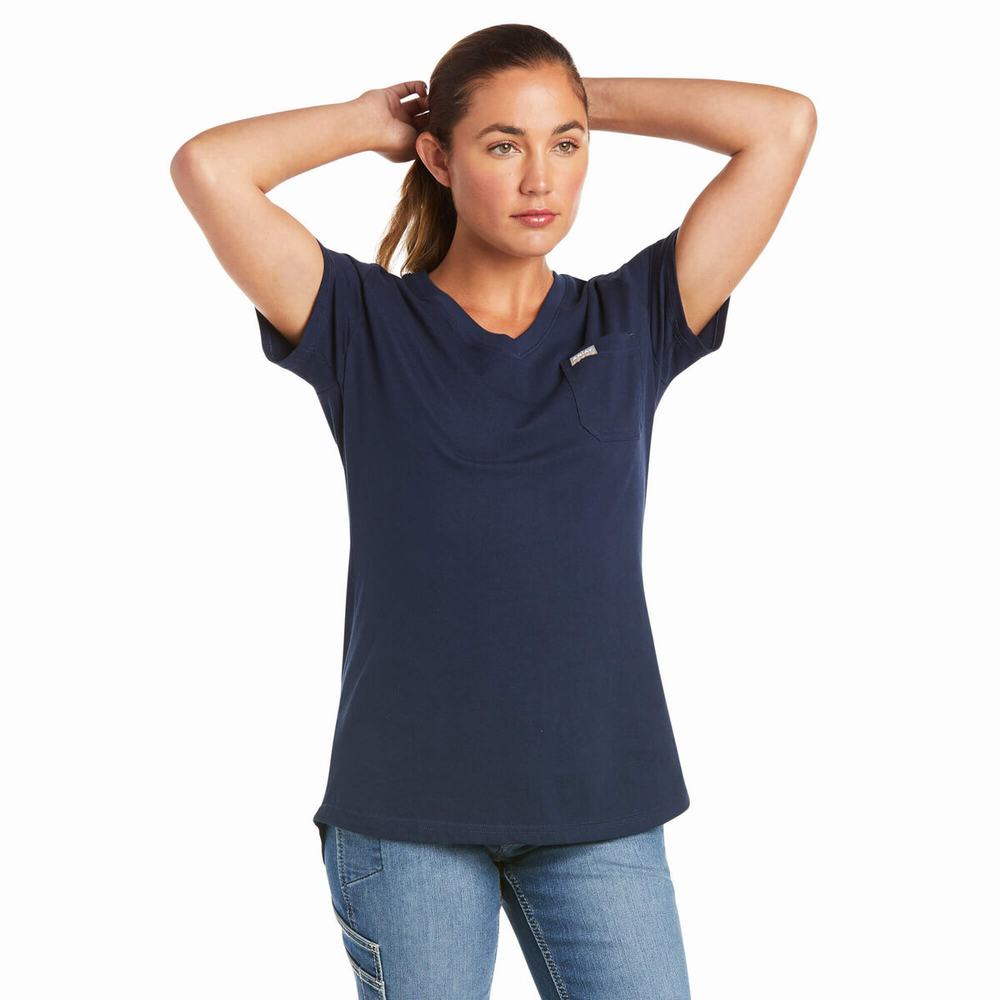 Navy Ariat Rebar Cotton Strong V-Neck Women\'s Short Sleeve | BXOG46037