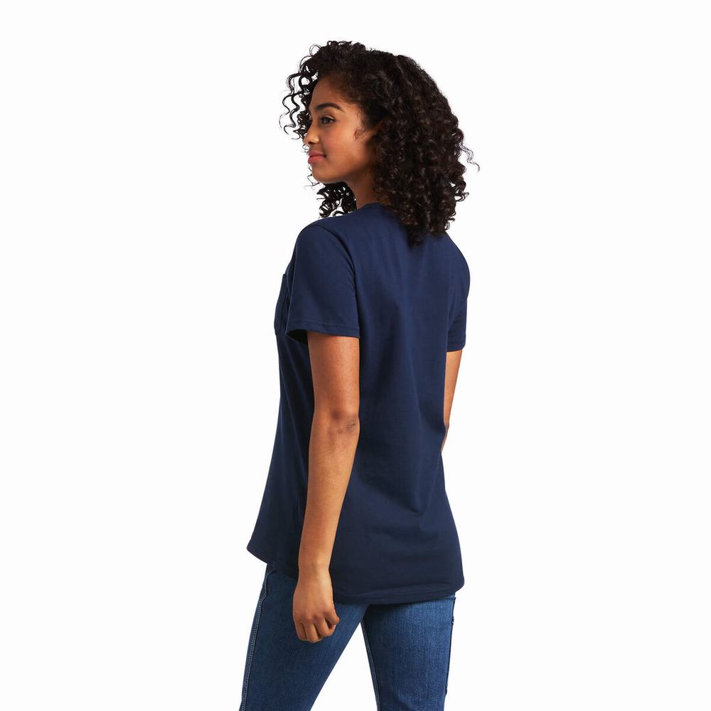 Navy Ariat Rebar Cotton Strong Women's Short Sleeve | JWIY49876