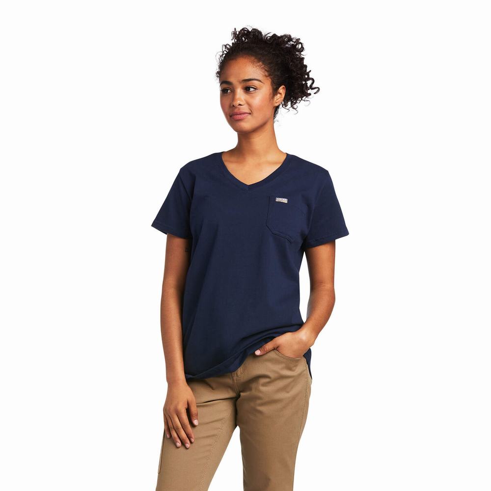 Navy Ariat Rebar Cotton Strong Wrench Graphic Women's Tops | EAYU94273