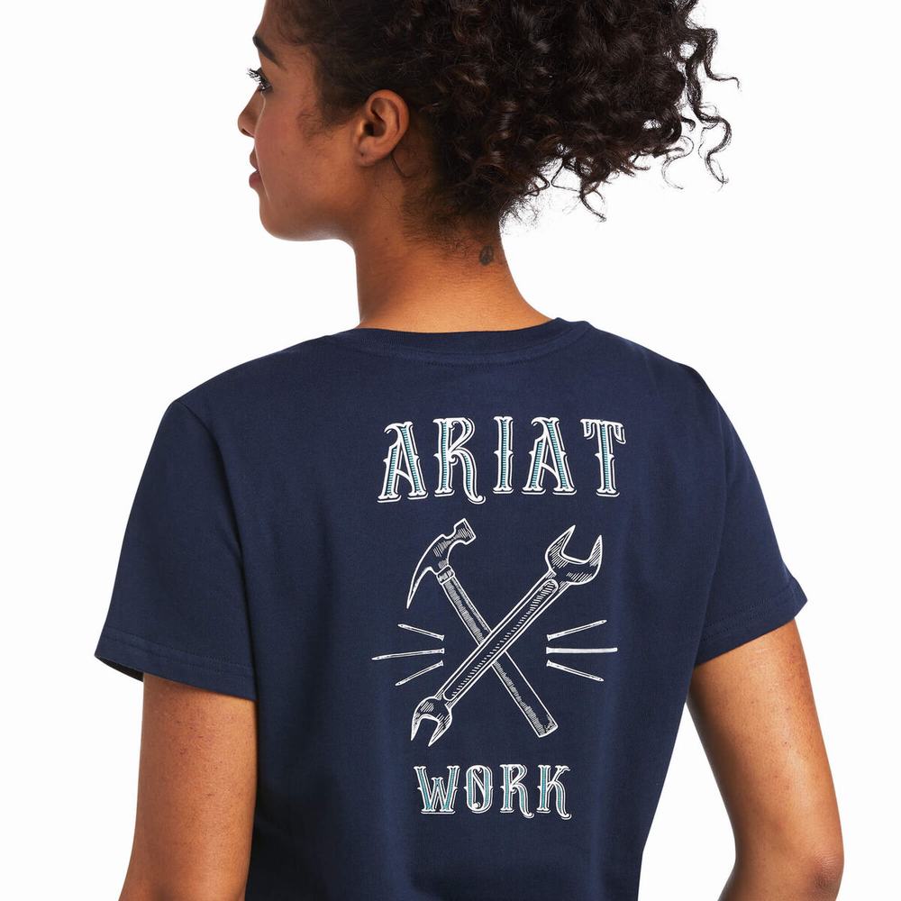 Navy Ariat Rebar Cotton Strong Wrench Graphic Women's Tops | EAYU94273