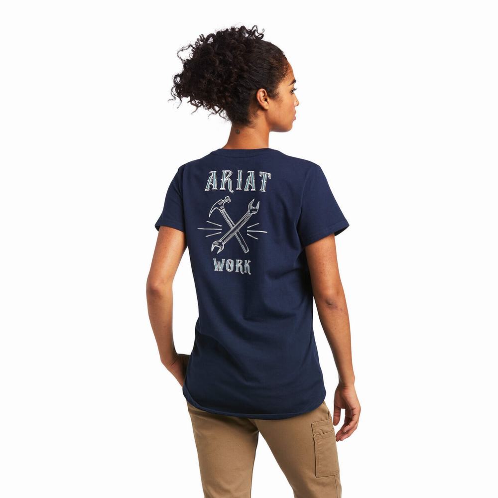 Navy Ariat Rebar Cotton Strong Wrench Graphic Women\'s Tops | EAYU94273