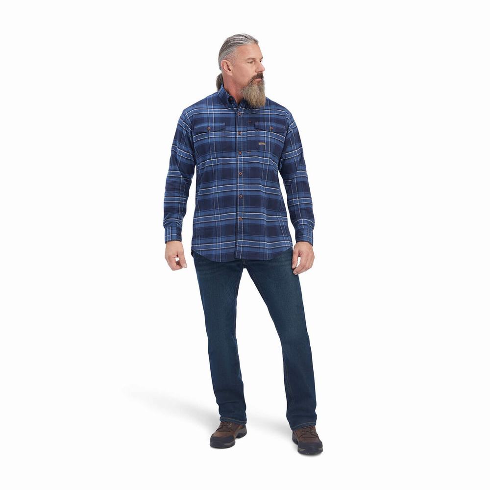 Navy Ariat Rebar Flannel DuraStretch Men's Shirts | EIGN72968