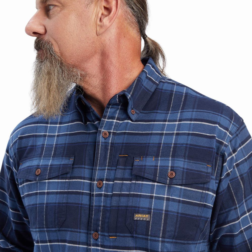 Navy Ariat Rebar Flannel DuraStretch Men's Shirts | EIGN72968