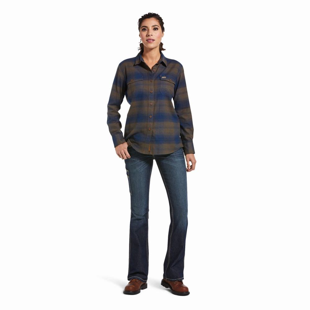 Navy Ariat Rebar Flannel DuraStretch Women's Shirts | CNSM54683