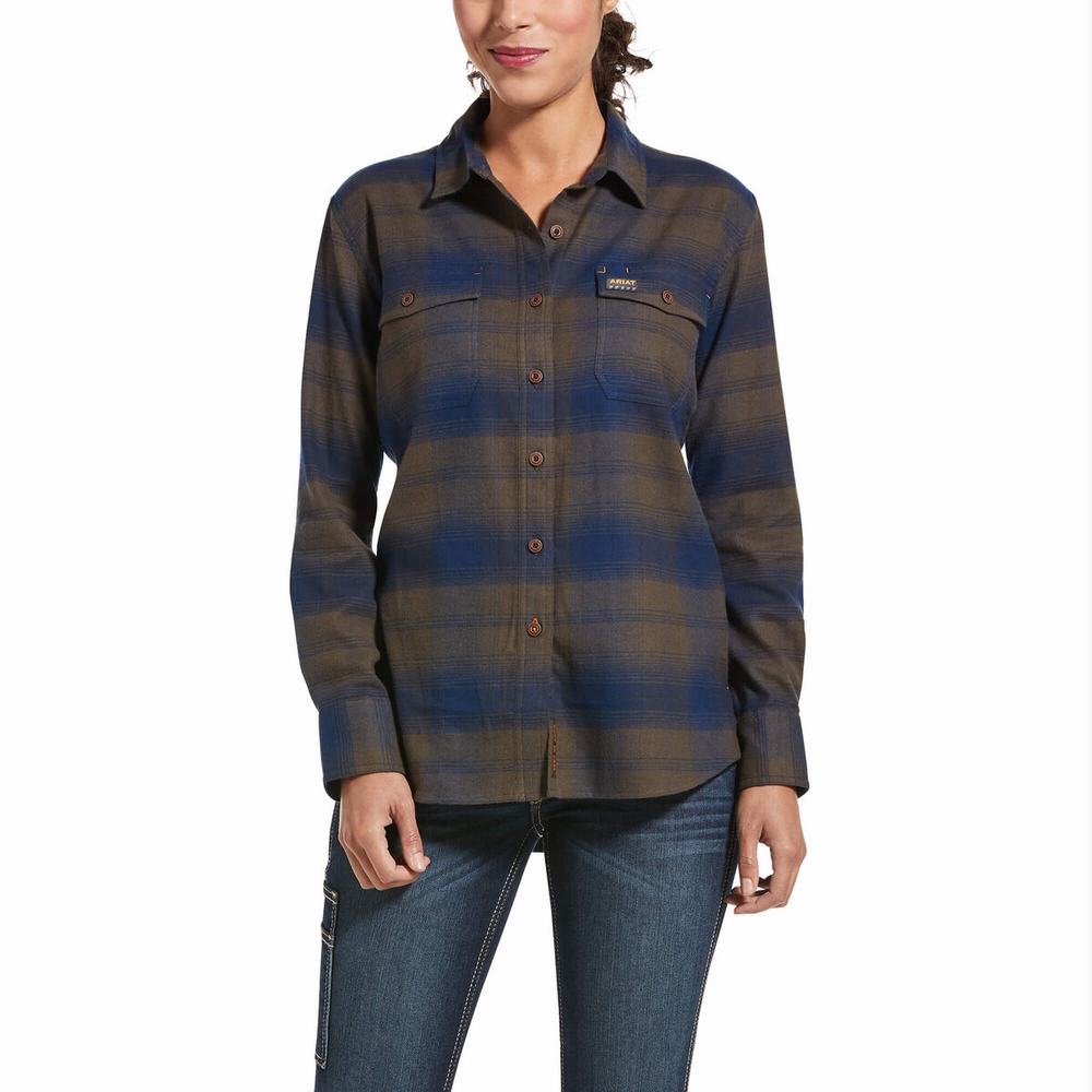 Navy Ariat Rebar Flannel DuraStretch Women\'s Shirts | CNSM54683