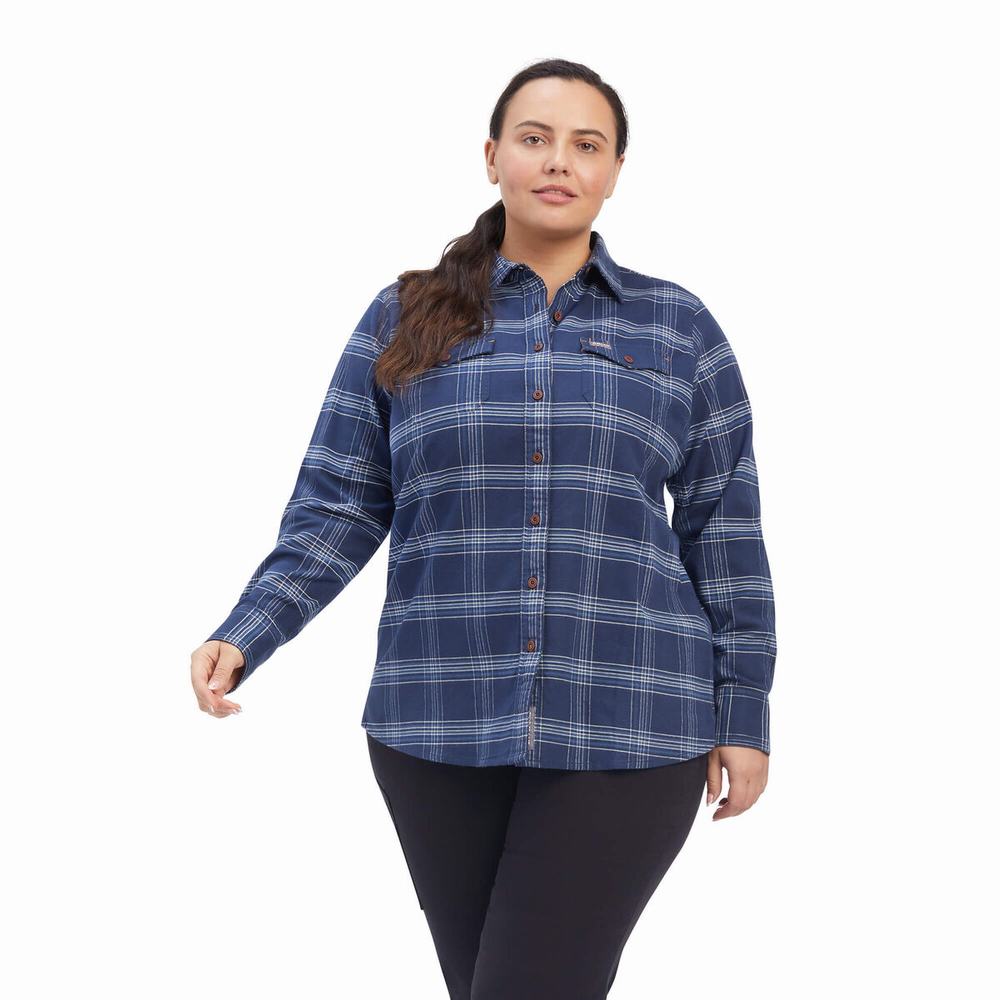 Navy Ariat Rebar Flannel DuraStretch Women's Shirts | XGSJ14530