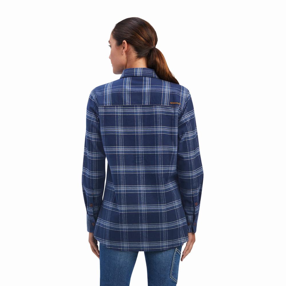 Navy Ariat Rebar Flannel DuraStretch Women's Shirts | XGSJ14530