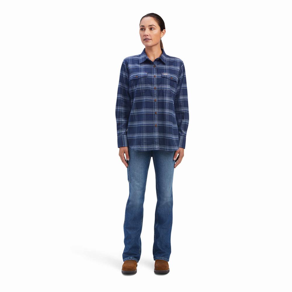 Navy Ariat Rebar Flannel DuraStretch Women's Shirts | XGSJ14530