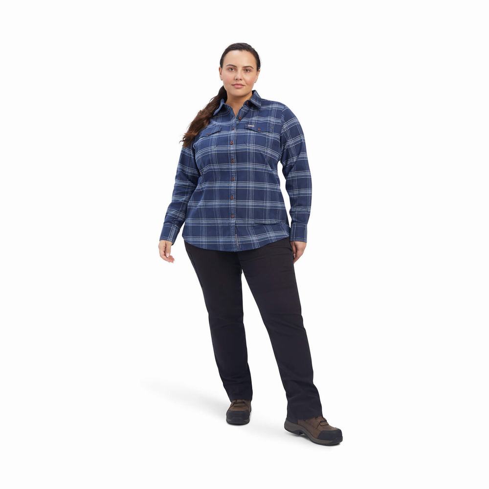 Navy Ariat Rebar Flannel DuraStretch Women's Shirts | XGSJ14530