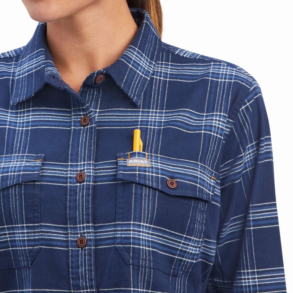 Navy Ariat Rebar Flannel DuraStretch Women's Shirts | XGSJ14530