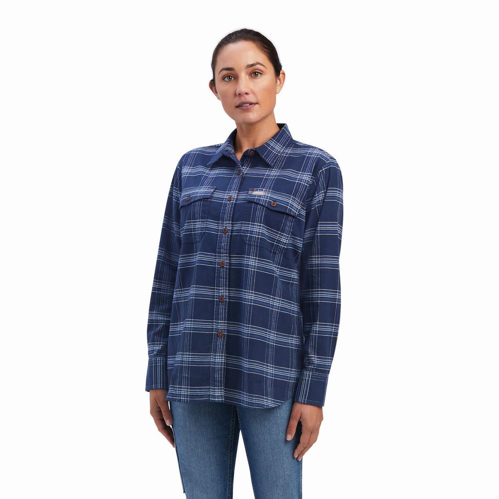 Navy Ariat Rebar Flannel DuraStretch Women\'s Shirts | XGSJ14530