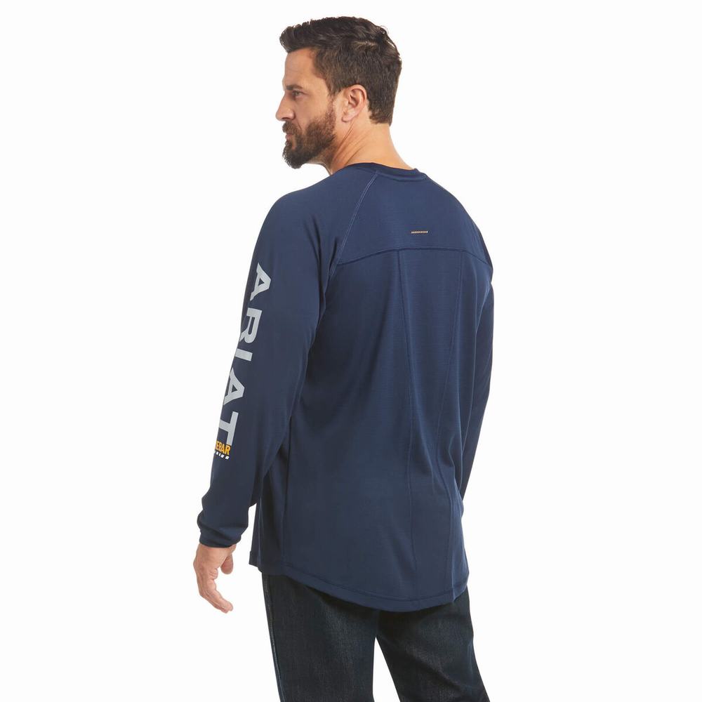 Navy Ariat Rebar Heat Fighter Men's T Shirts | RUTF35067