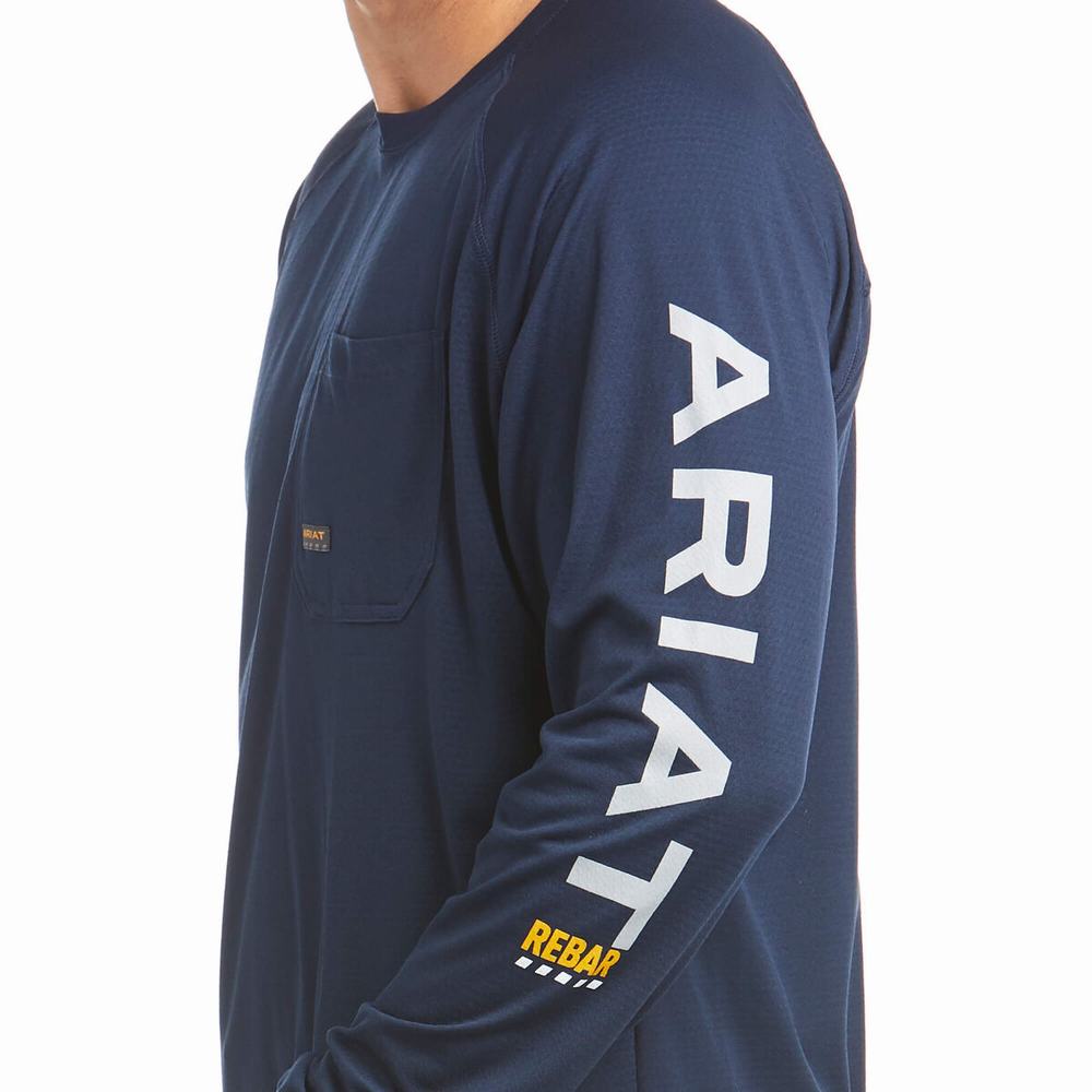 Navy Ariat Rebar Heat Fighter Men's T Shirts | RUTF35067