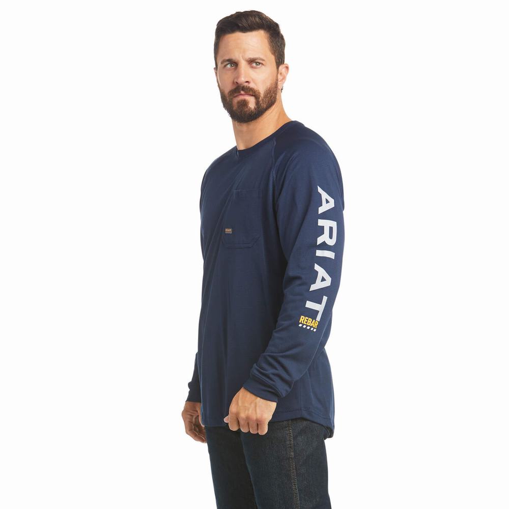 Navy Ariat Rebar Heat Fighter Men\'s T Shirts | RUTF35067