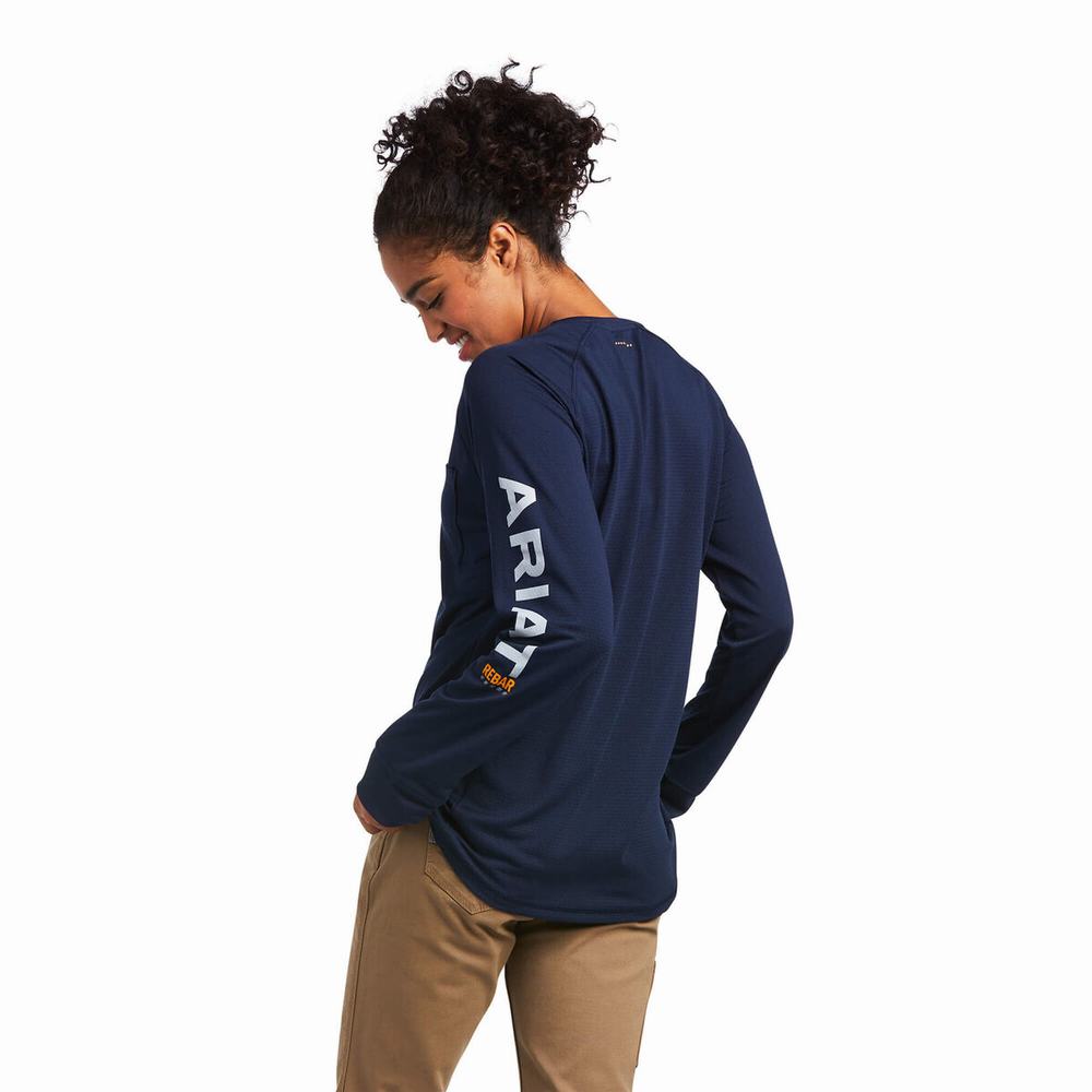 Navy Ariat Rebar Heat Fighter Women's Tops | RTPK46195