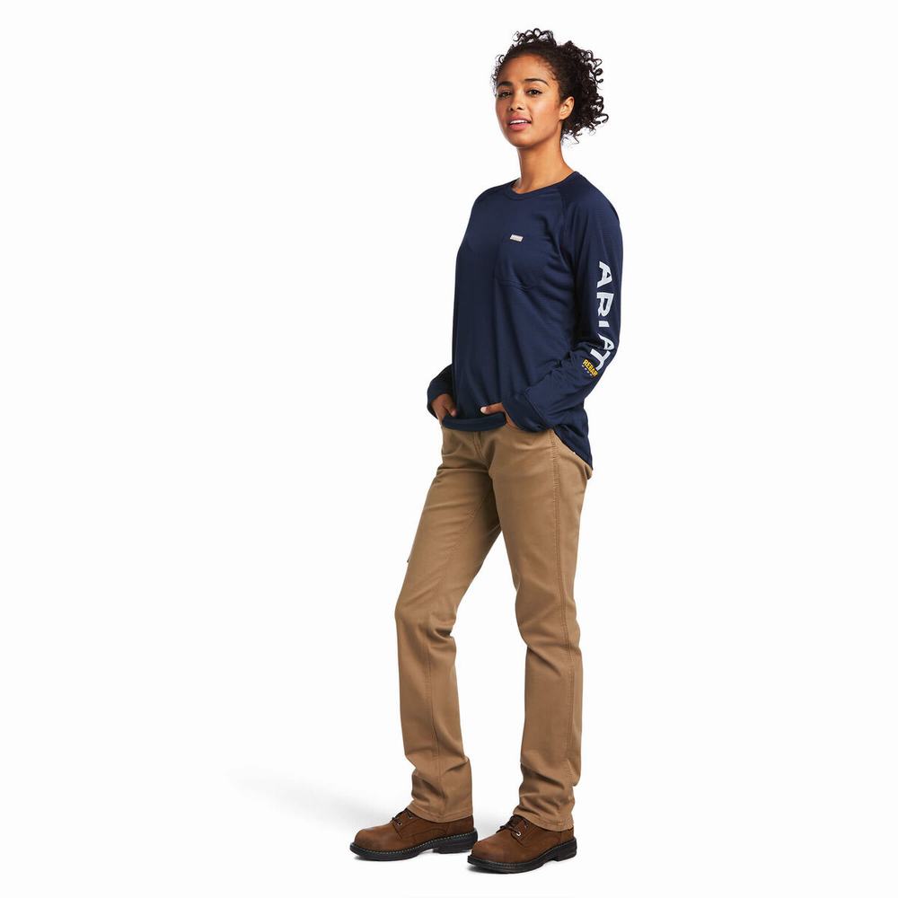 Navy Ariat Rebar Heat Fighter Women's Tops | RTPK46195