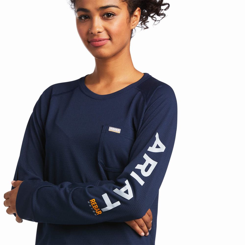 Navy Ariat Rebar Heat Fighter Women's Tops | RTPK46195