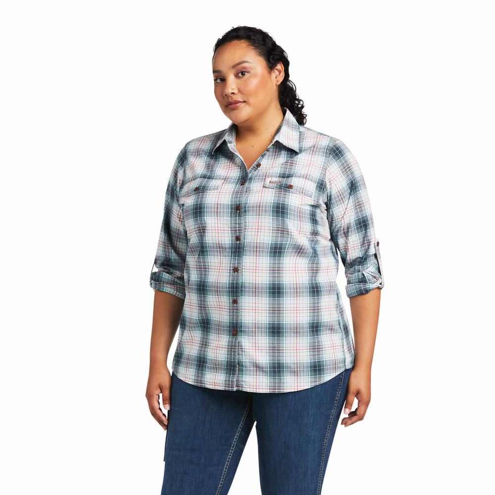 Navy Ariat Rebar Made Tough DuraStretch Women's Shirts | NUML73506