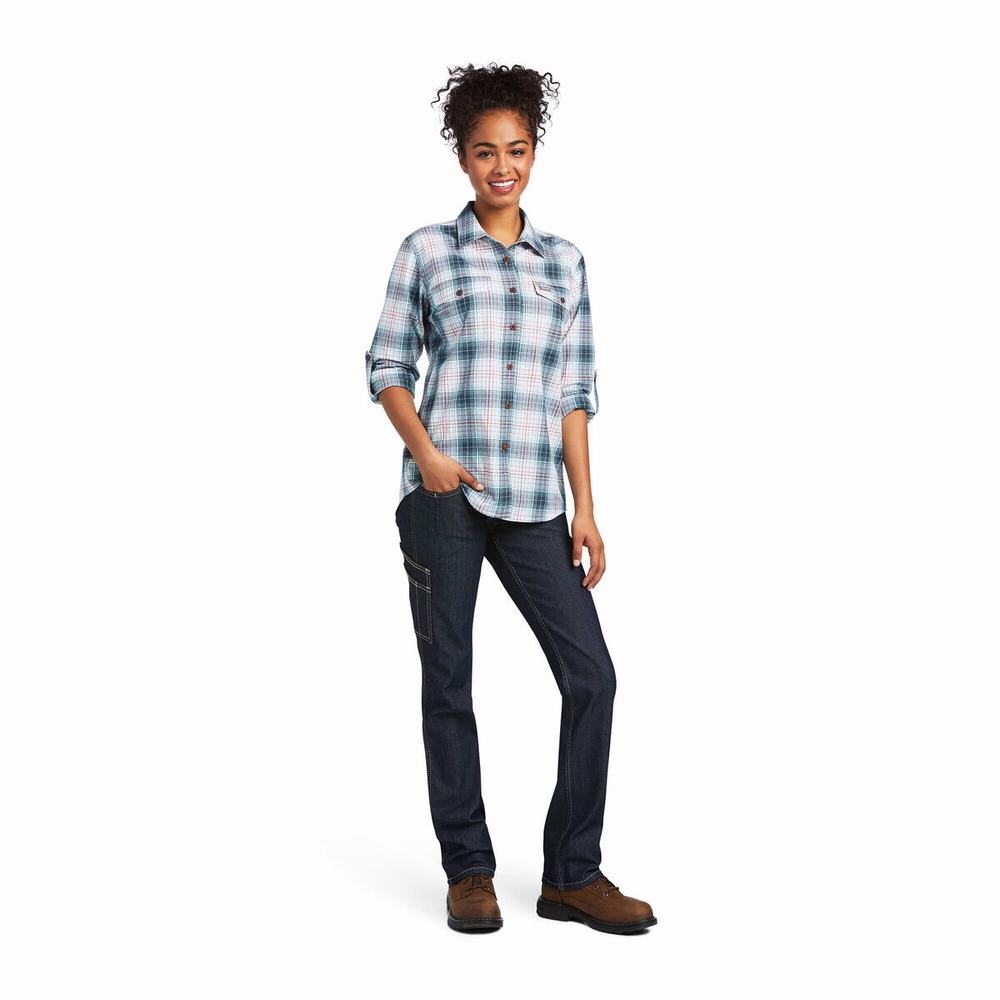 Navy Ariat Rebar Made Tough DuraStretch Women's Shirts | NUML73506