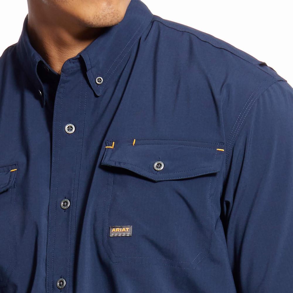 Navy Ariat Rebar Made Tough VentTEK DuraStretch Men's Shirts | LFEA85729