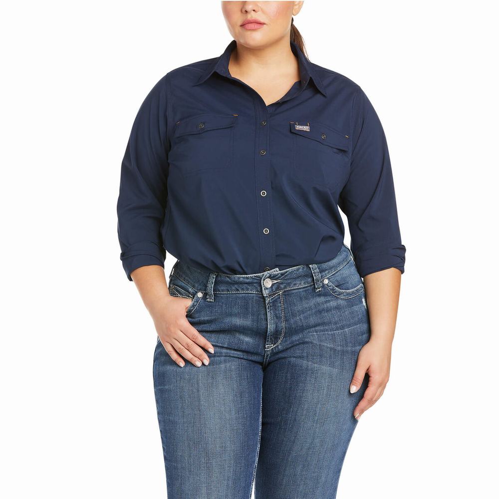 Navy Ariat Rebar Made Tough VentTEK DuraStretch Women's Shirts | PJGR79314