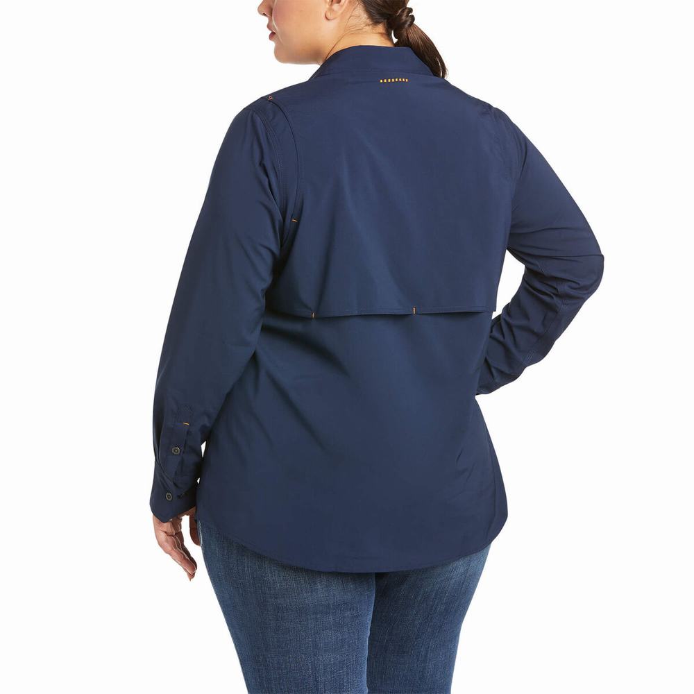 Navy Ariat Rebar Made Tough VentTEK DuraStretch Women's Shirts | PJGR79314