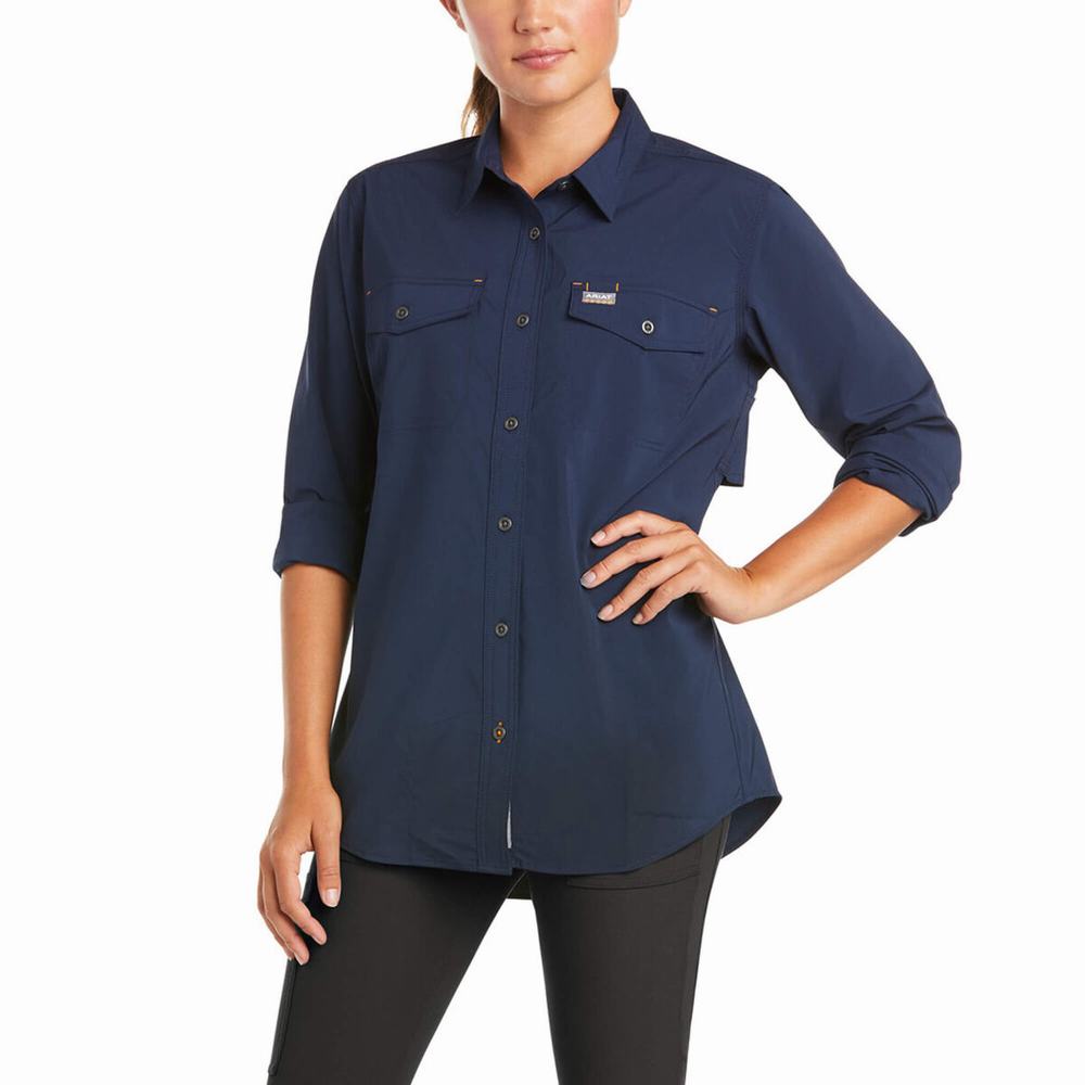 Navy Ariat Rebar Made Tough VentTEK DuraStretch Women\'s Shirts | PJGR79314