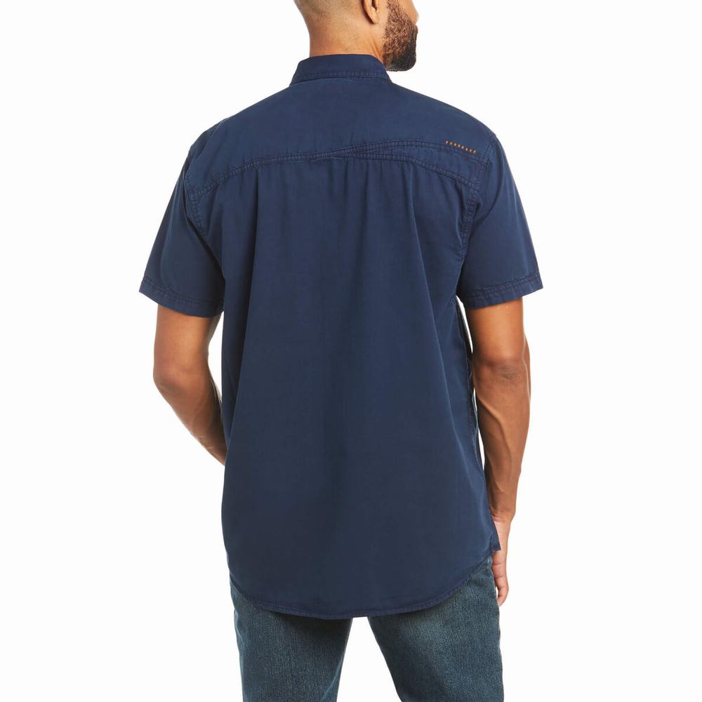 Navy Ariat Rebar Washed Twill Men's Short Sleeve | EIBO73859