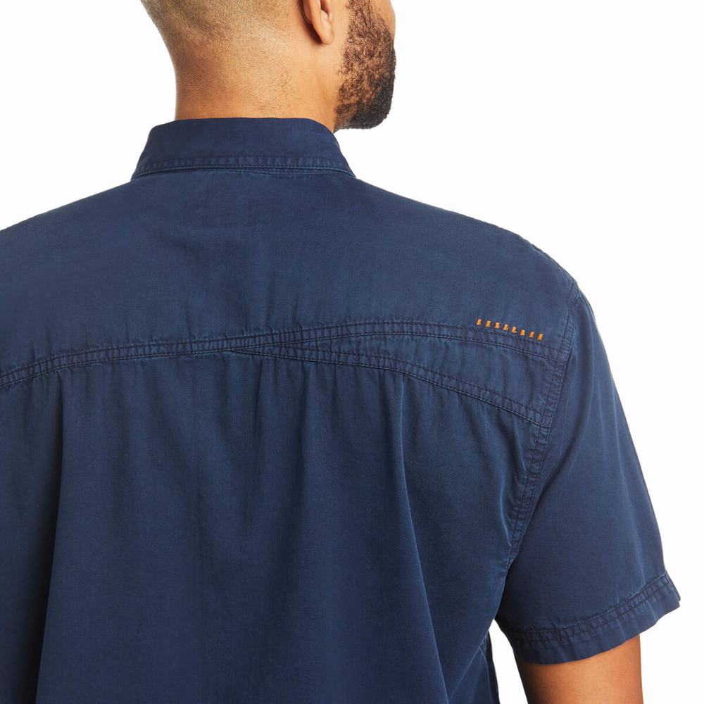 Navy Ariat Rebar Washed Twill Men's Short Sleeve | EIBO73859