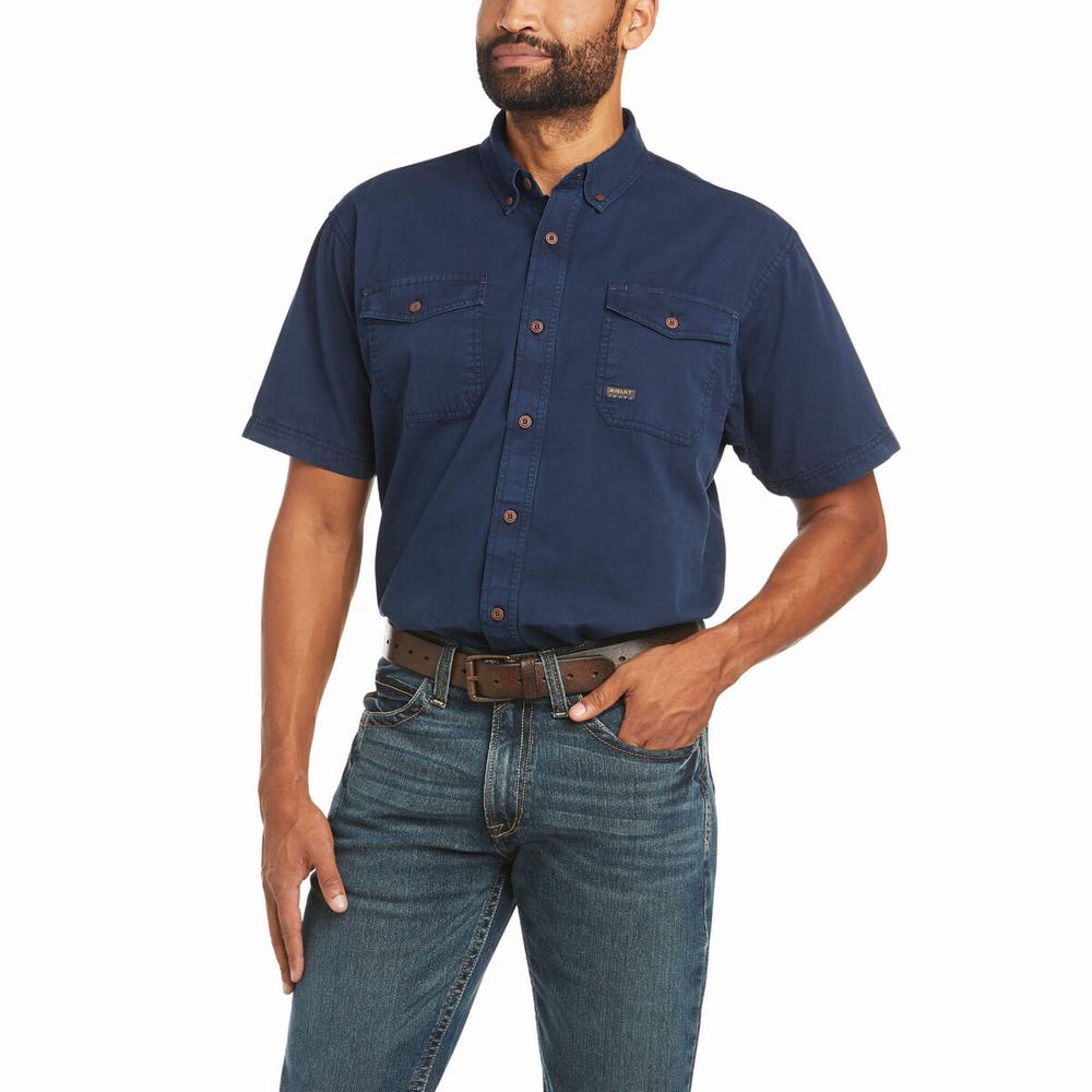 Navy Ariat Rebar Washed Twill Men\'s Short Sleeve | EIBO73859