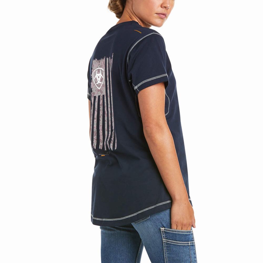 Navy Ariat Rebar Woman Camo Flag Women's Short Sleeve | MHYC52497