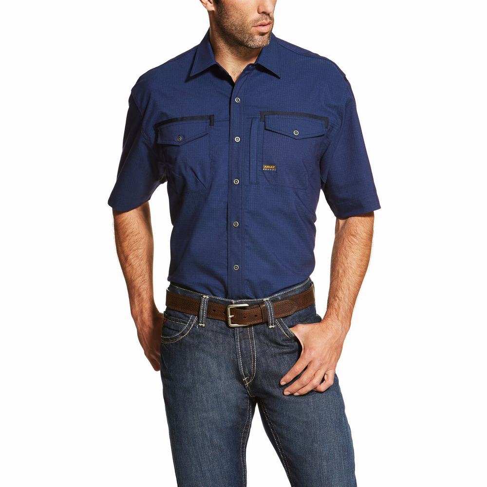 Navy Ariat Rebar Workman Men\'s Shirts | OPXN48903