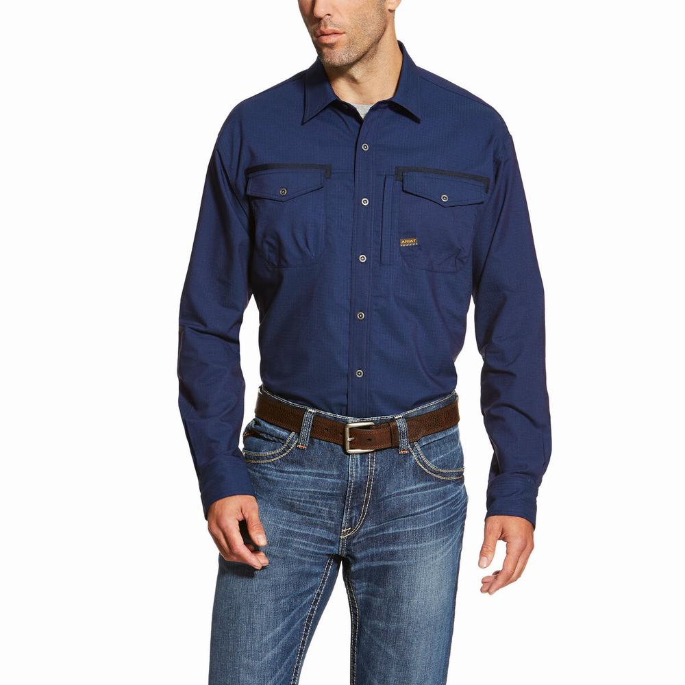 Navy Ariat Rebar Workman Men\'s Shirts | WXEK48093