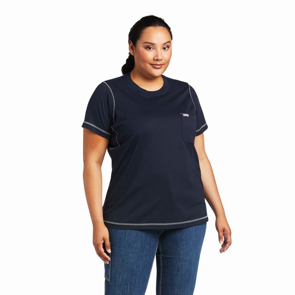 Navy Ariat Rebar Workman Phrase Women's Tops | JITX25617